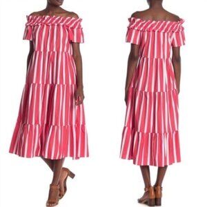 Trina Turk Cattleya Off The Shoulder Coral/White Striped Tiered Dress Size Small